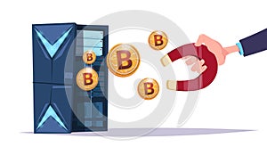 Data storage hand hold magnet bitcoin center with hosting servers and staff. Computer mining communication support