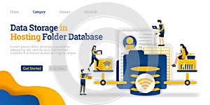 Data Storage in Hosting Database Folder. open and change various files from hosting folder. Vector flat illustration concept, ads