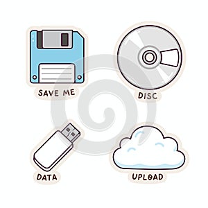 Data Storage Icons - Floppy Disk, CD, USB Drive, and Cloud
