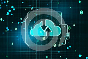 Data storage and information exchange concept with computer processor and oppositely directed arrows in cloud symbol on dark