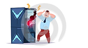 Data storage problem center with hosting servers and staff. error computer technology, network and database, internet