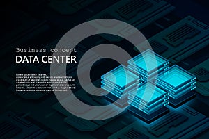 Data storage and processing, abstract technology elements, cloud storage data flow, data center, isometric server rack concept dar