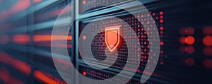 Cybersecurity shield icon on data server in close-up