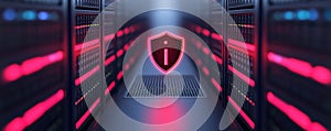 Cybersecurity shield icon on data server in close-up