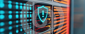Cybersecurity shield icon on data server in close-up
