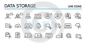 Data storage vector icons. Cloud virtual file backup, upload and download, secure access