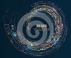 Data stream in the form of an array of circles and binary code. Vector database background. Big data visualization. Processing of