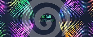 Data stream in the form of an array of circles and binary code. Vector database background. Neon color design. Big data