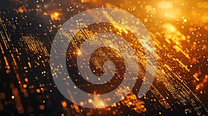 Golden glowing digital data particles flowing on abstract circuit