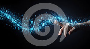 Data Stream Touch Digital Transformation, AI and Future Technology Concept Hand Connecting with Binary Code