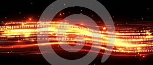 Data streams of terabytes of binary code. A wavy field of coded blockchains. A 3D illustration of a neural network with
