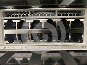 Data switch LAN ports closeup view with focus on it