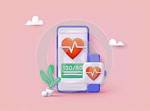 Data synchronization of health book between smartwatch and smartphone. 3D Web Vector Illustrations