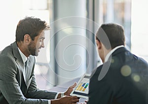 Data, tablet and business people in meeting, planning and conversation for work in corporate career. Men, employees and
