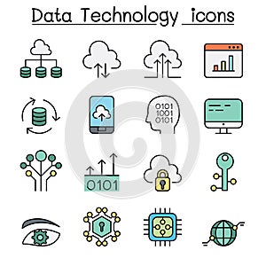 Data Technology, Database, Cloud Computing, Server, Computer network color line icon set