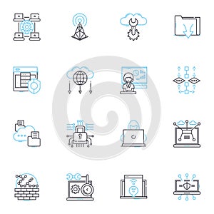 Data technology linear icons set. Analytics, Warehousing, Integration, Visualization, Mining, Cleansing, Architecture