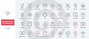 Data technology thin black and red line icons set, digital connection, network protection