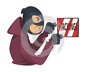 Data Theft. Hacker Wearing Mask Breaking into Electronic Device Vector Illustration