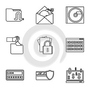 Data theft icons set, outline style