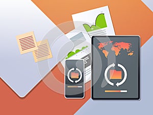 Data transfer cloud computer connection database synchronize concept top angle view desktop tablet smartphone financial