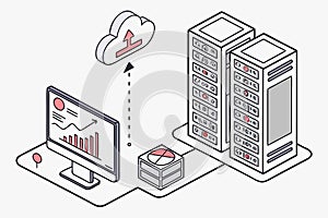 Data transfer to cloud storage system through computer interface showcasing graphical analysis and server architecture for