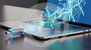 Data transfer from usb drive to laptop with glowing digital network visualization