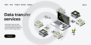 Data transfer via server isometric vector illustration. Abstract 3d datacenter or blockchain background. Network mainframe website