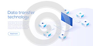 Data transfer via server isometric vector illustration. Abstract