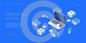 Data transfer via server isometric vector illustration. Abstract 3d datacenter or blockchain background. Network mainframe website