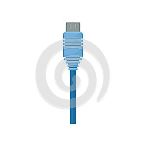 Data or USB connector with bright blue cable. Item for connecting computer with peripheral device. Flat vector icon