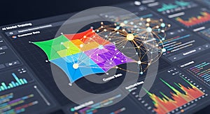 Data visualization of ai model training with network graph and colorful charts on screen