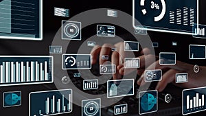 Data Visualization and Analysis Concept with Graphs, Statistics, Charts, and Digital Interfaces on a Laptop Keyboard in