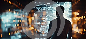 Data visualization and analysis in modern technology environment, man observing digital interface with glowing data
