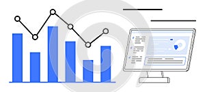 Data visualization with bar chart, line graph, and statistics on computer screen