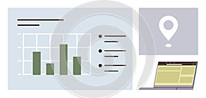Data Visualization with Bar Chart, Location Icon, and Laptop Screen for Business Analysis