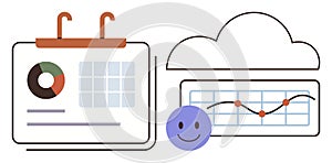 Data Visualization with Calendar, Cloud Storage, and Analytics Chart for Digital Planning and Organization
