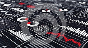 a complex digital dashboard displaying various financial data visualizations, charts, and graphs in a modern and sleek interface d