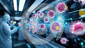 Data visualization of complex algorithms in laboratory setting, showcasing science, technology, and digital innovation