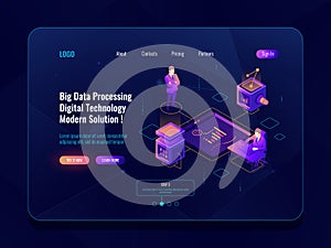 Data visualization concept isometric banner, data analysis, datacenter, dark neon