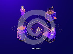 Data visualization concept, people teamwork isometric icon, cooperations, server room, programming and data processing