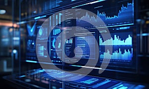Data visualization dashboard displaying analytics, graphs, and metrics in a futuristic interface