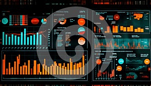 futuristic data visualization dashboard with multiple interactive charts and graphs displaying complex analytics and statistics