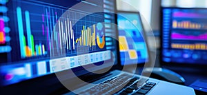 Data visualization dashboard with graphs and charts, multiple screens displaying analytics, modern workspace, technology