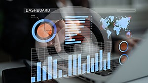Data visualization dashboard with graphs, charts, and world map displaying business metrics, analytics, performance