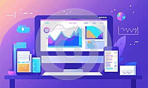 Data visualization dashboard with multiple devices displaying analytics and graphs, modern workspace setup, vibrant