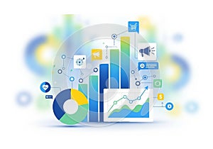Data visualization featuring a bar chart and a pie chart, with digital interface elements like