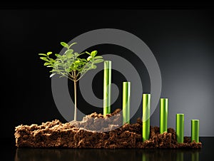 Data visualization in the form of a growing tree and green bars. Startup concept. AI-Generated