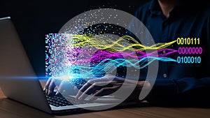 Data visualization on laptop screen with man working for cloud computing technology