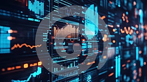 Data visualization on large digital screens with blue and orange graphs