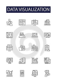 Data visualization line vector icons and signs. Plotting, Diagramming, Charting, Mapping, Picturing, Illustrating